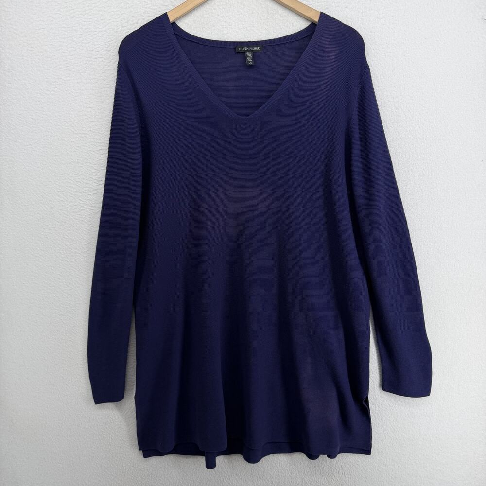 EILEEN FISHER Sweater L Organic Cotton Tunic V-Neck Pullover Jumper Blue